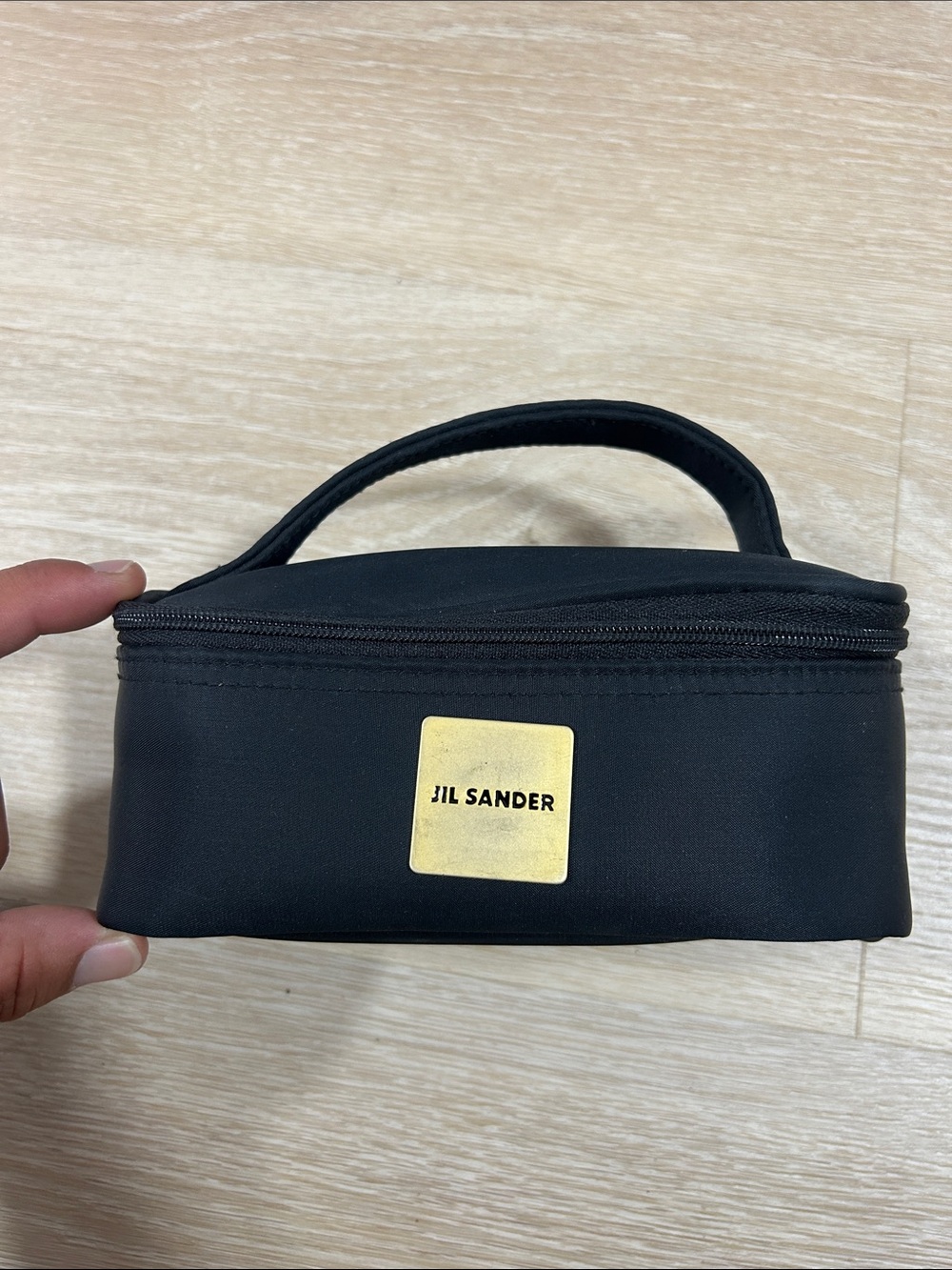 Jil Sander Black Cosmetic Case with Gold Logo Plaque